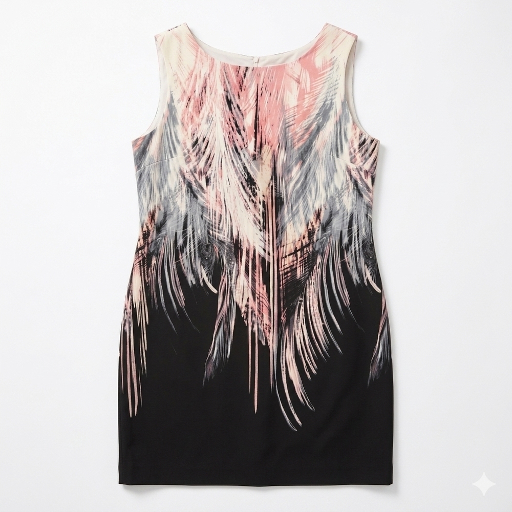 Chic Feather Print Midi Dress in Pink and Black Women's #163